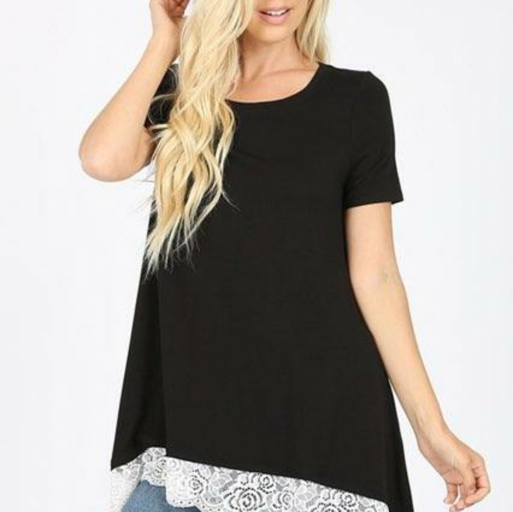 Black lace trim short sleeve shirt